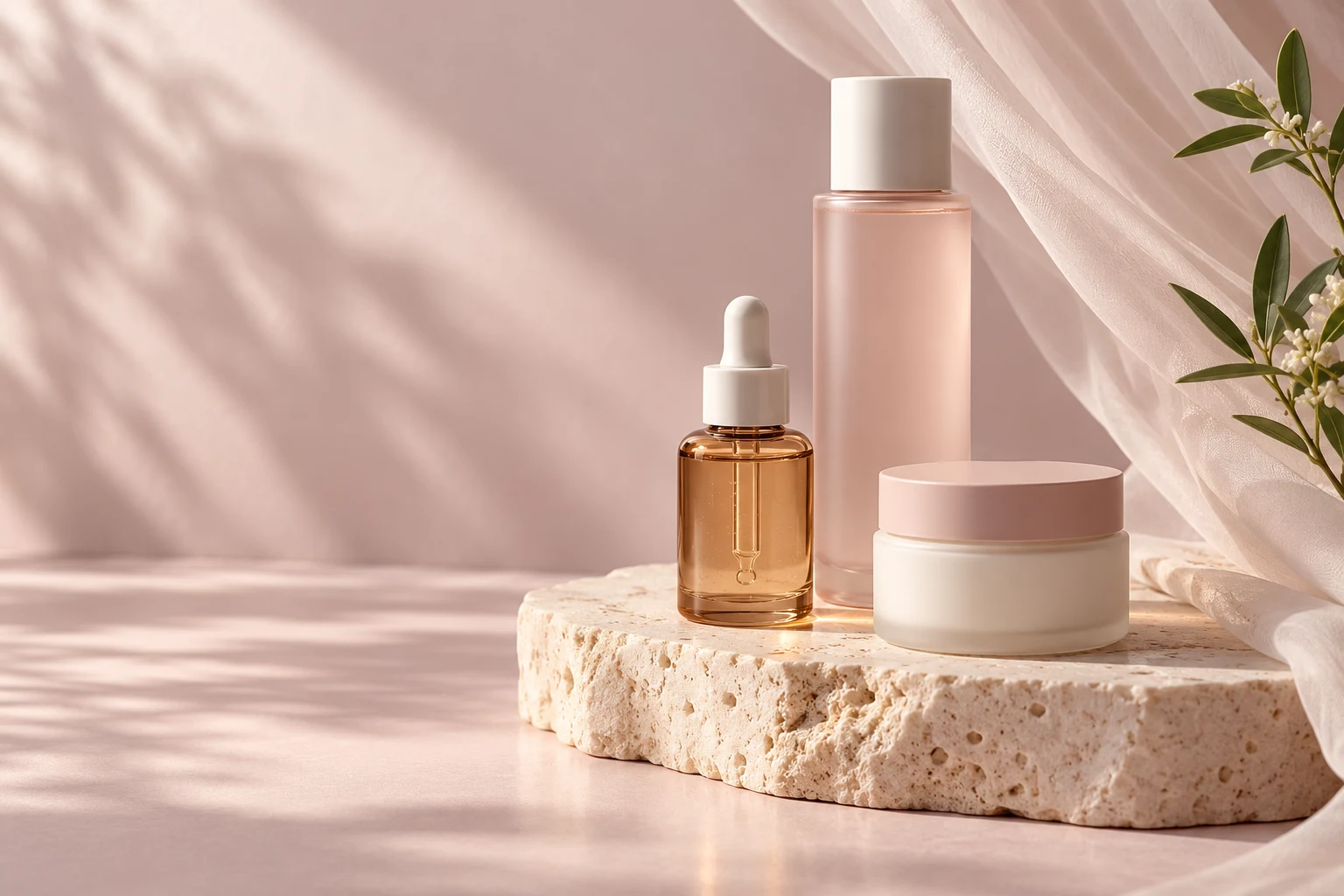 Soft mauve beauty still life with unbranded skincare bottles and a cream jar in warm natural light